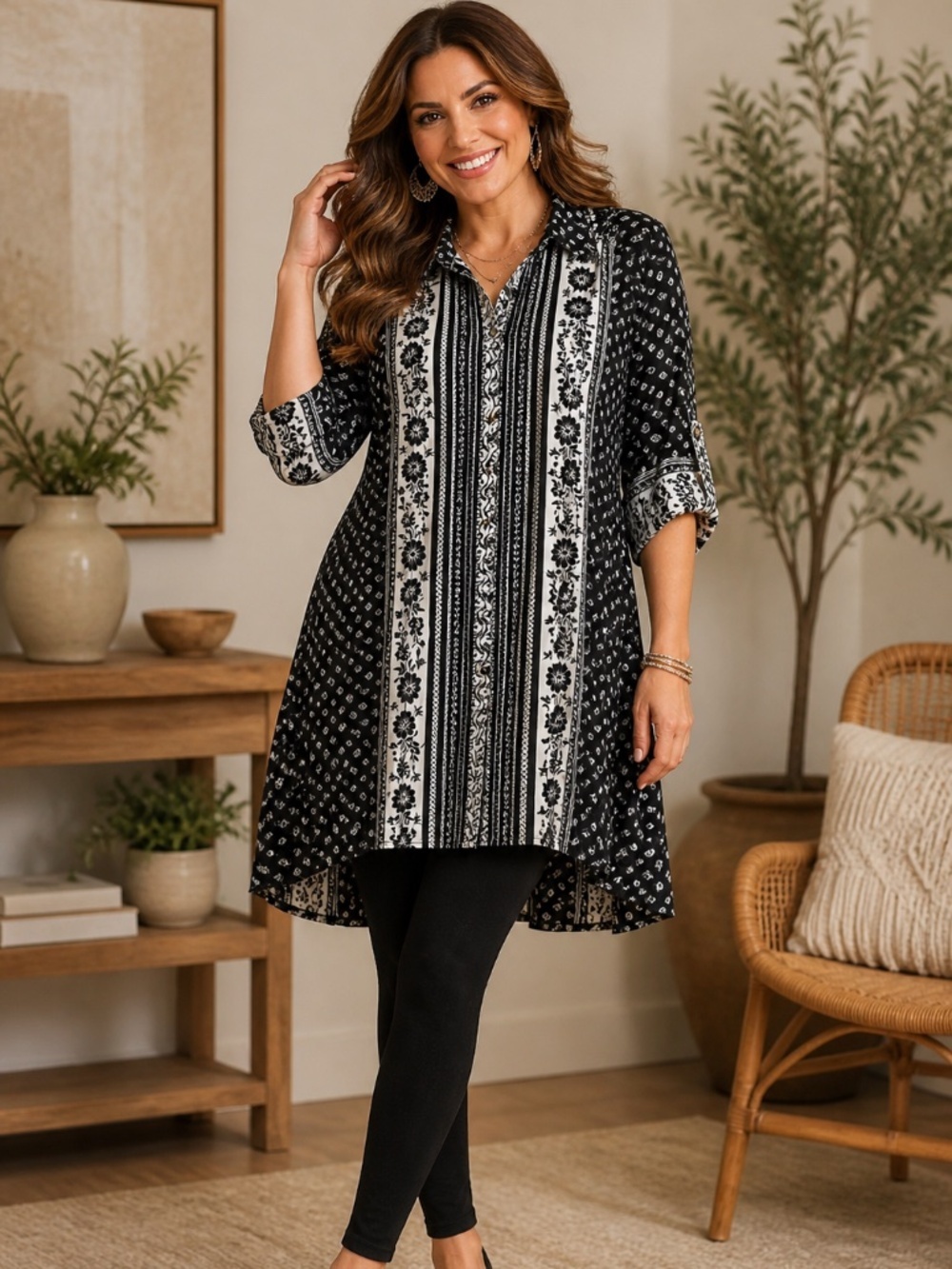Anthropologie Cyrene Mixed Print Tunic Shirt Dress Large Boho Button Front Chic